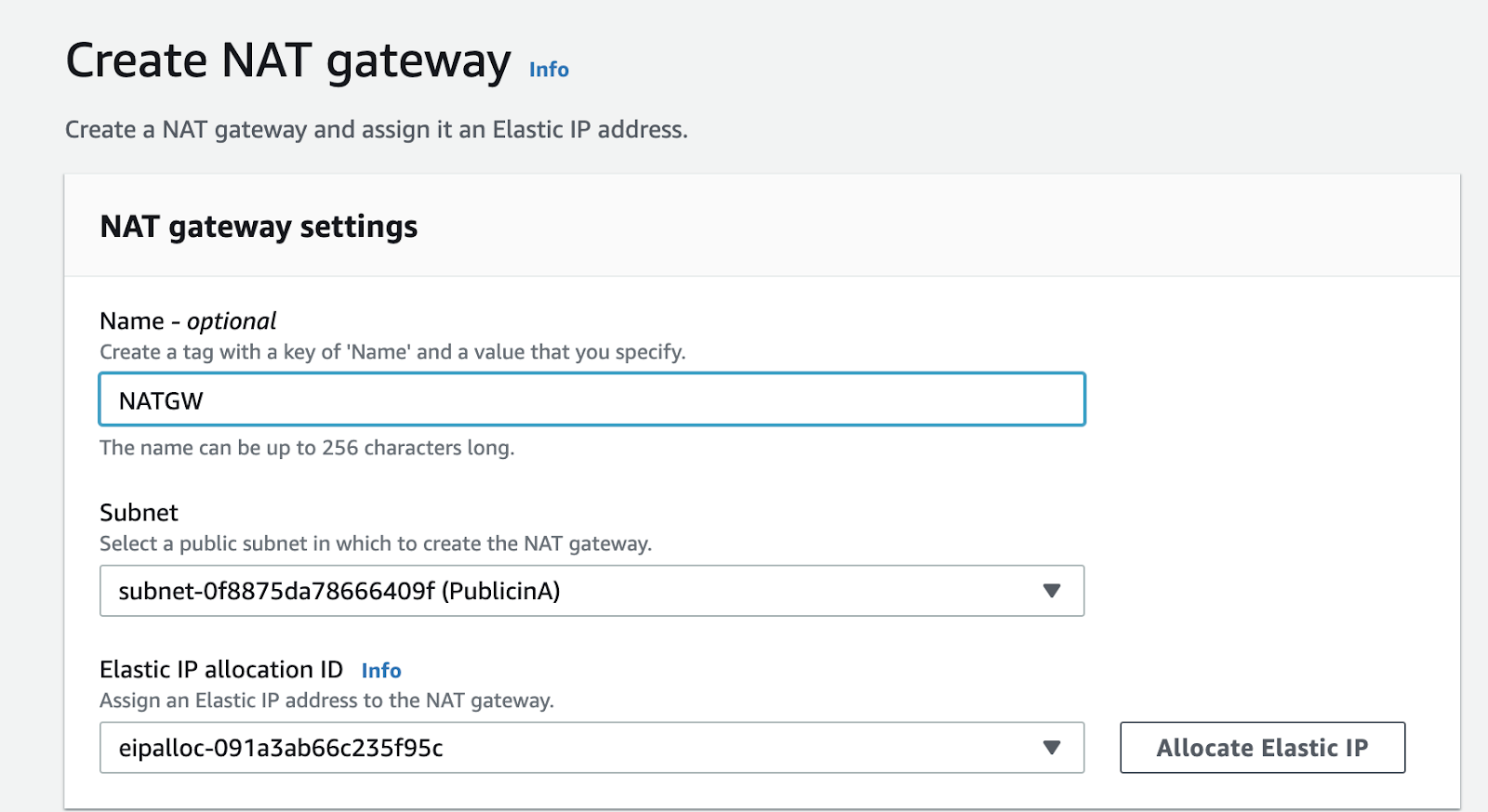 Create NAT gateway Dialog